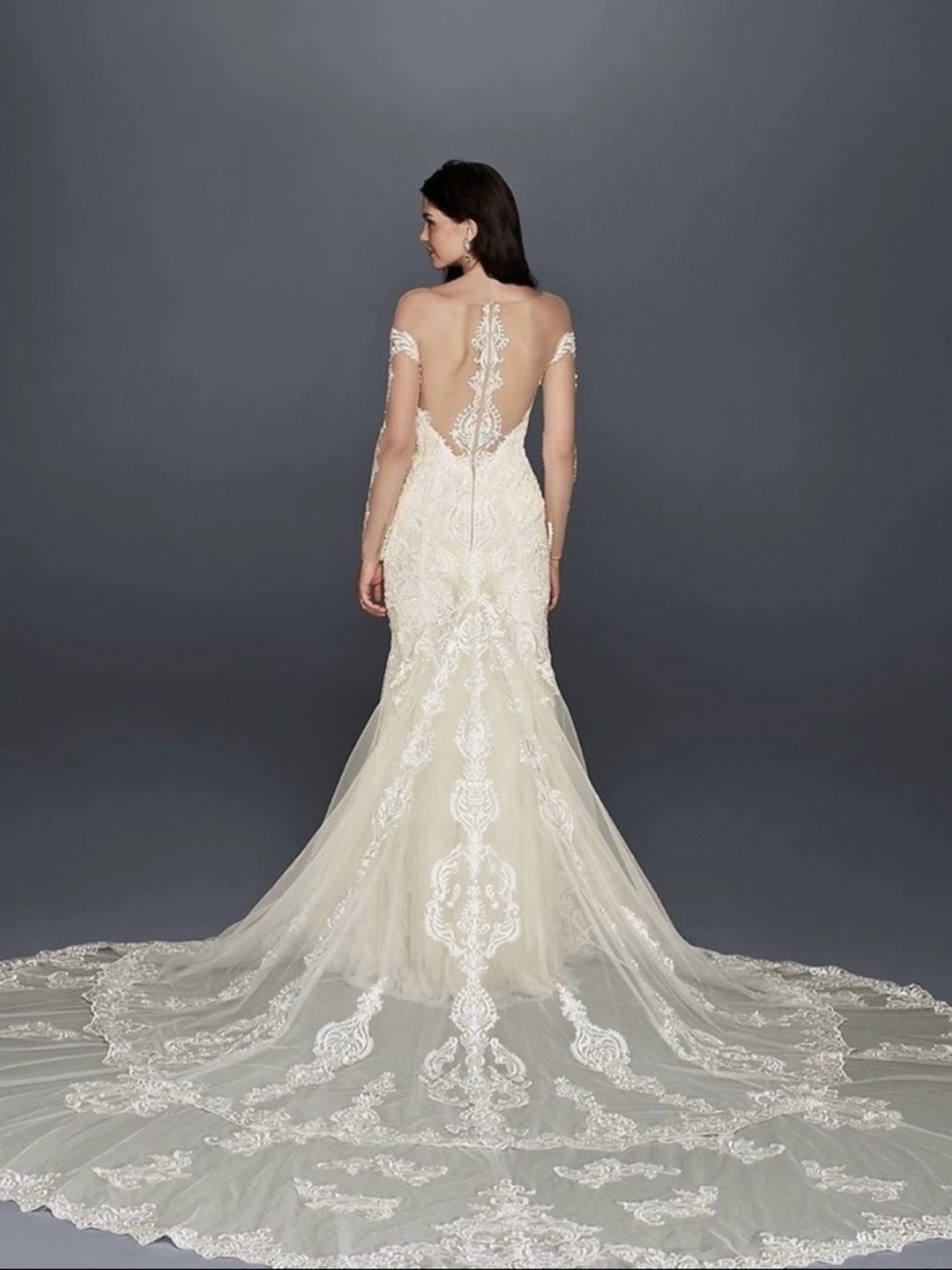 Galina Signature Vintage Style Long Sleeve Lace Wedding Gown w Cathedral Train